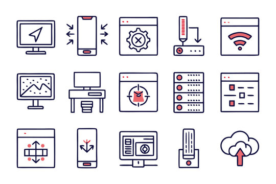 Comprehensive collection of modern line style symbols representing various aspects of information technology and digital communication for web and application interfaces