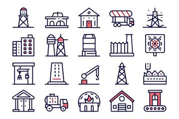 Poster - Comprehensive collection of essential urban infrastructure elements presented as clean modern line graphics for diverse design applications and visual communication projects
