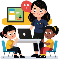 Teen Teaching Coding to Kids Black Vector Education
