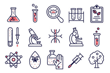 Poster - Comprehensive collection of scientific laboratory line art symbols featuring beakers flasks microscopes and chemical elements for research and educational purposes