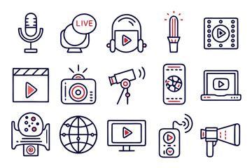 Poster - Collection of clean modern linear symbols representing live broadcasting media playback and digital communication elements perfect for web and app interfaces presented in a versatile color palette