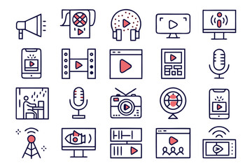 Poster - Collection of linear broadcast icons for digital media platforms featuring essential symbols for live broadcasting and communication rendered in vibrant cmyk colors for professional use