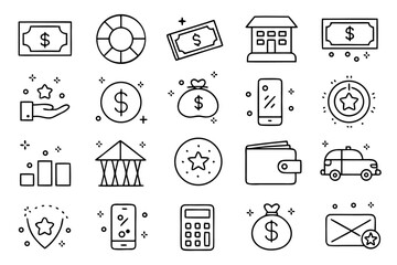 Poster - Comprehensive collection of clean modern line style symbols representing financial concepts such as loans credit banking and investments for digital interfaces and branding