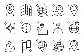 Poster - Comprehensive collection of clean outline style web symbols representing various location and navigation concepts for digital interfaces and applications