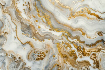 Poster - Mixture of acrylic paints creating an abstract marble effect with gold, gray and white swirls