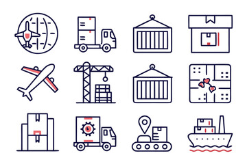 Poster - Comprehensive collection of clean modern and minimalist line art symbols representing various aspects of transportation delivery and global commerce for digital interfaces