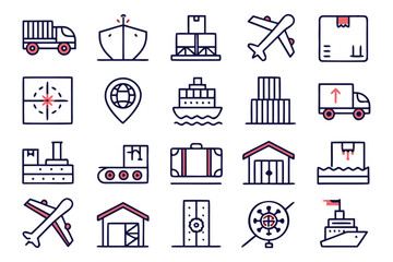 Poster - Collection of minimalist outline graphics representing various aspects of shipping delivery and transportation services for modern business applications