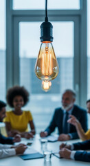 Poster - Close-up of a glowing vintage lightbulb hanging above a blurred meeting, showcasing a business concept of ideas and innovation
