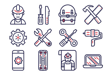 Poster - Comprehensive collection of minimalist symbols representing various aspects of repair upkeep and service operations presented in a clean and modern graphic style