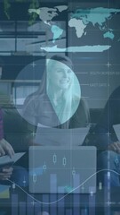 Poster - Animation of financial data processing over diverse colleagues discussing work in office