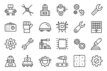 Fototapete - Comprehensive collection of industrial symbols and technological elements featuring clean outlines and a vibrant four color palette for diverse applications