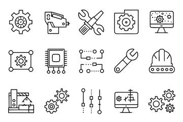 Poster - Comprehensive collection of industrial and technological symbols presenting a clean modern aesthetic with distinct linear designs and vibrant color accents for diverse applications