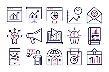 Aufkleber - Comprehensive collection of minimalist business and marketing symbols offering essential visual elements for professional communication and branding strategies designed with a clean aesthetic