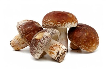 Poster - Four fresh mushrooms lying on a white background showing their stems and caps
