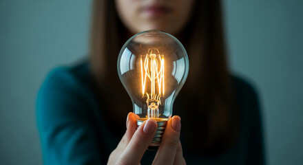 Poster - Close-up of hand holding illuminated glass lightbulb, showcasing bright filament, symbolizes innovation, idea, inspiration, solution