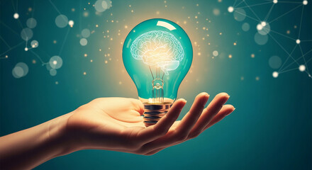 Poster - Hand holding teal lightbulb with brain inside, glowing softly against teal background, symbolizing idea, innovation, intelligence, and knowledge
