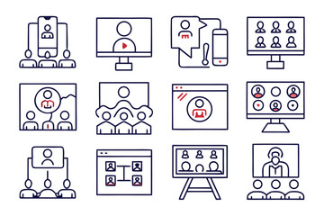 Poster - Comprehensive collection of professional symbols representing business discussions client interactions and collaborative sessions presented in a clean modern aesthetic with distinct color elements