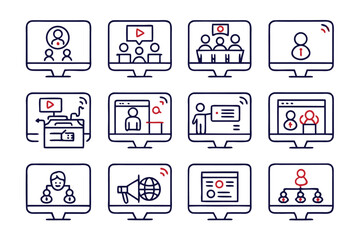 Fototapete - Collection of clean modern line art symbols for online meetings webinars and digital communication platforms presented in a minimalist design aesthetic