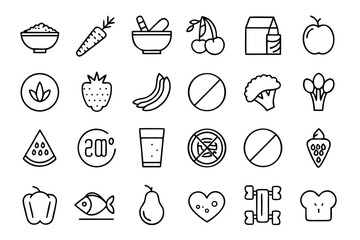 Fototapete - Comprehensive collection of minimalist line art symbols representing healthy eating organic food and wellness for digital interfaces and branding applications