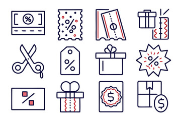 Poster - Collection of clean modern line graphics representing promotional offers discounts coupons and special deals for marketing and retail purposes