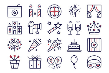 Poster - A collection of minimal modern graphic elements representing various party and celebration themes rendered in a clean stylized aesthetic with distinct color accents