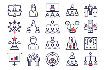 Poster - Comprehensive collection of business organization and management symbols presented in a clean modern line art style for digital platforms