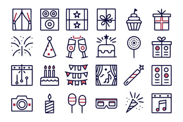 Poster - Collection of minimalist party themed graphic elements featuring celebratory symbols in a clean modern style with bold color accents