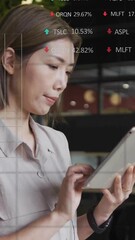  - Animation of financial data processing over asian businesswoman using tablet in office