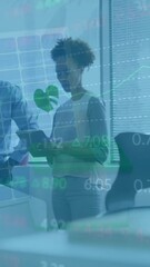 Poster - Animation of financial data processing over diverse business people in office
