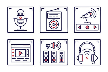 Fototapete - Collection of stylized linear communication and broadcast symbols for digital platforms featuring audio wave elements and microphone outlines in a clean modern aesthetic