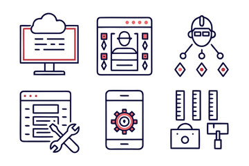 Fototapete - Collection of stylized linear representations for digital development and online services featuring essential coding and web elements in a clean modern aesthetic