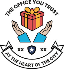 Fototapete - A red and yellow box with a white ribbon and a blue hand holding it
