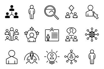 Poster - Comprehensive collection of professional linear symbols for recruitment and caregiving featuring distinct black yellow cyan and magenta color elements for versatile application