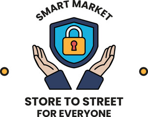 Fototapete - A smart market logo with a blue shield and two hands holding a key
