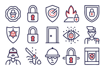 Poster - Collection of essential safety and security symbols featuring a clean modern thin line style for clear visual communication across various applications and platforms