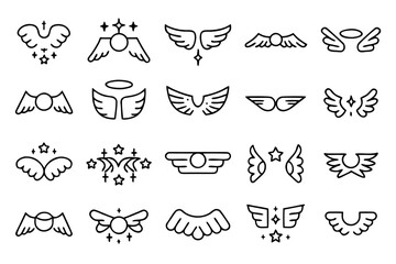 Aufkleber - Collection of stylized wing graphics and celestial emblems presented in a sketchy artistic style with black and yellow accents