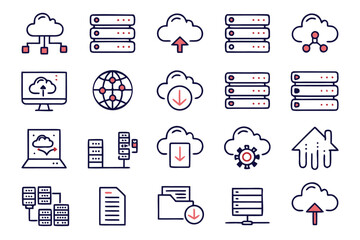 Fototapete - Comprehensive collection of modern clean line art symbols representing server operations data management and digital infrastructure for technology focused projects