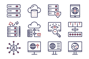 Fototapete - Clean and modern server and data flow line art icons for technology and network concepts featuring essential digital symbols