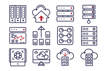 Fototapete - Comprehensive collection of clean modern line graphics representing server and data concepts perfect for digital interfaces and technology presentations