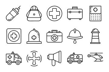 Poster - Comprehensive collection of emergency service symbols presented in a clean modern outline style featuring essential safety and aid graphics for diverse applications and clear visual communication