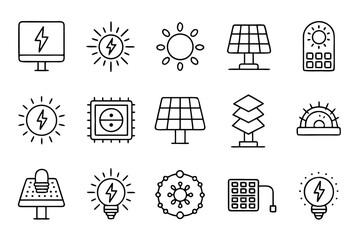 Poster - Collection of clean outline symbols representing solar energy concepts and renewable power sources presented in a cohesive graphic style