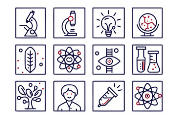 Poster - Comprehensive collection of scientific research and laboratory analysis symbols presented in a clean modern outline style for diverse digital and print applications