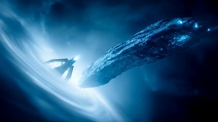 Canvas Print - Futuristic Spaceship Emerging from a Nebulous Vortex in a Deep Blue Space Scene