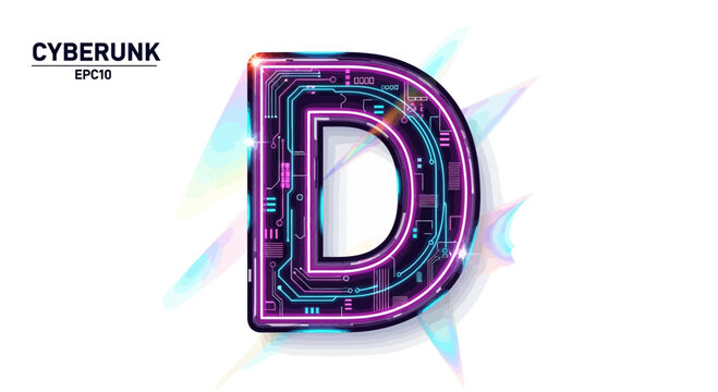 Vector cyberpunk letter d vector illustration futuristic font design neon glow effect alphabet initial technology art