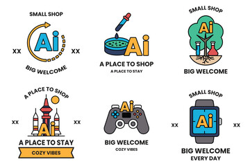 Fototapete - Set of illustrations in the concept of Artificial Intelligence in line art style