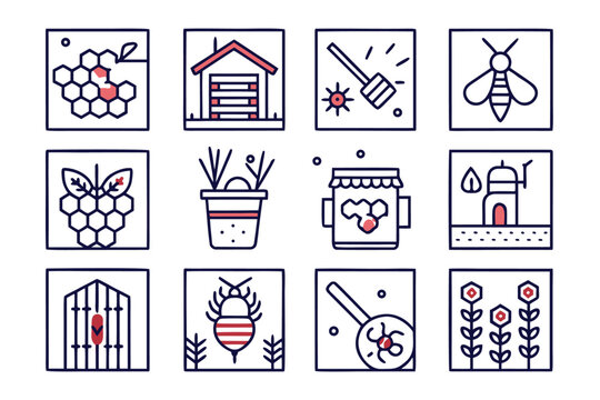 Collection of stylized linear emblems featuring sweet honey and buzzing bees perfect for culinary brands and apiary promotions rendered with clean outlines and vibrant color accents
