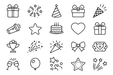 Poster - Collection of elegant simple outline symbols representing celebratory presents and delightful surprises rendered in a clean modern aesthetic with key colors