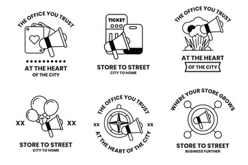 Fototapete - Set of illustrations in the concept of megaphones and business items in line art style