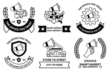 Fototapete - Set of illustrations in the concept of megaphones and business items in line art style