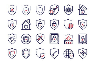 Poster - Collection of minimalist thin line shield symbols for web design and digital applications featuring bold outlines and a versatile color palette for branding and user interface elements